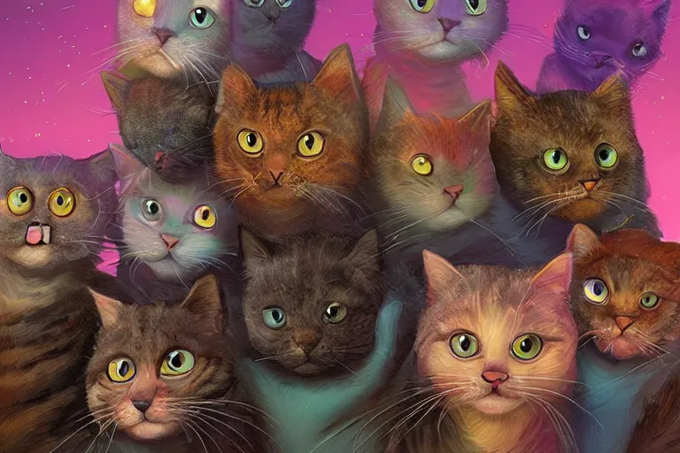 Image similar to beautiful art illustration of a group of happy cats by beeple, highly detailed