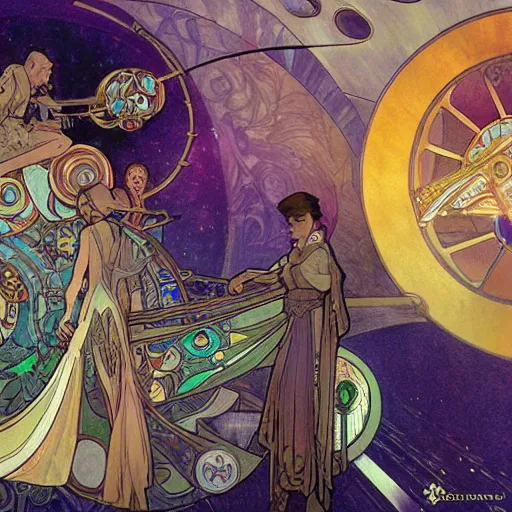 Prompt: solarpunk art nouveau space skyship mechanical trade caravan by magic the gathering cinematography by alphonse mucha