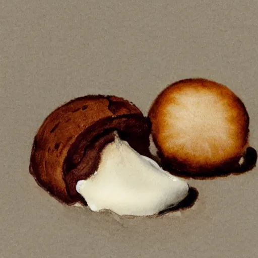 Prompt: a hazelnut next to a blob of milk chocolate, white background, macro, ultra detailed, intricate, sharp focus, watercolour illustration by John Singer Sargent, 8K