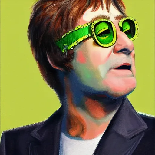 Image similar to elton john lennon in an apple outfit, gucci catwalk, oil painting, digital painting, ultradetailed, artstation