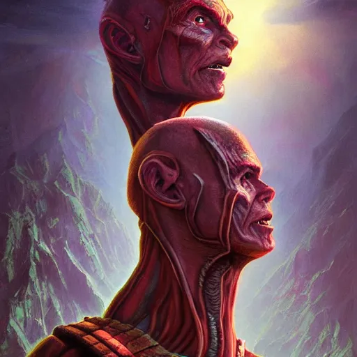 Image similar to bright, colorful, realistic, detailed from Elder Scrolls: shivering isles concept art Geiger and Beksiński alien portrait backlighting, kodachrome, high contrast, highly detailed, sharp focus, digital painting, concept art, illustration, trending on artstation, comic book by Alex Ross and Adam Adamowicz cover art