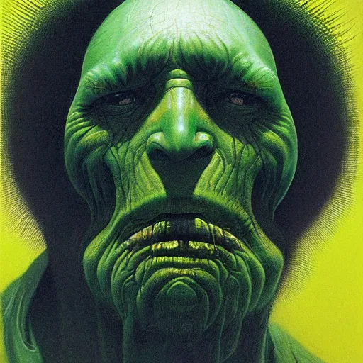 Image similar to Portrait of Angry man with Holes in his face, dark fantasy, yellow and green, artstation, painted by Zdzisław Beksiński and Wayne Barlowe