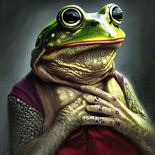 Prompt: Elderly anthropomorphic frog russian grandmother. MTG Digital art, by Seb McKinnon