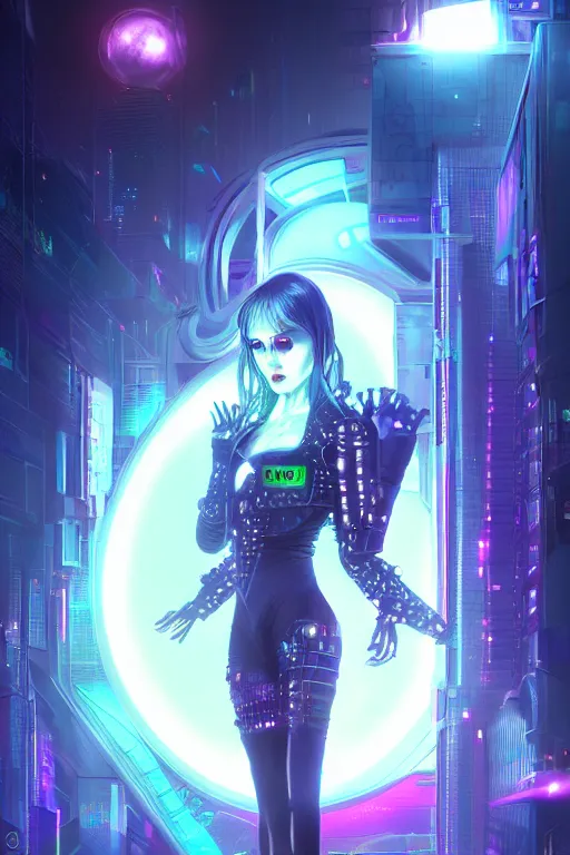 Prompt: portrait futuristic nefarious cyberpunk young female necromancer, in futuristic moonlight starlight tokyo rooftop cyberpunk night, ssci-fi, fantasy, intricate, very very beautiful, elegant, neon light, highly detailed, digital painting, artstation, concept art, soft light, hdri, smooth, sharp focus, illustration, art by tian zi and craig mullins and WLOP and alphonse mucha