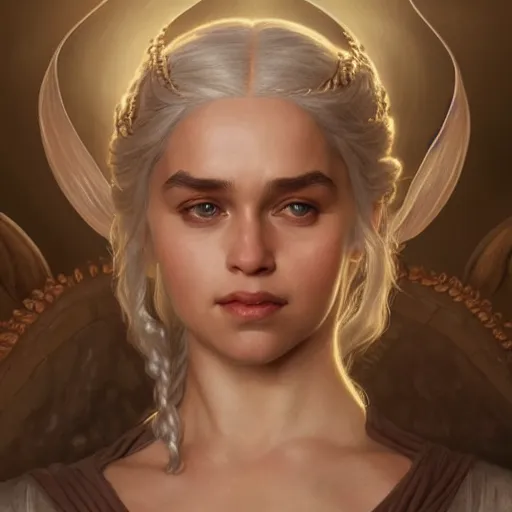 Prompt: portrait of daenerys, intricate, elegant, highly detailed, digital painting, artstation, concept art, smooth, sharp focus, illustration, art by artgerm and greg rutkowski and alphonse mucha and william - adolphe bouguereau