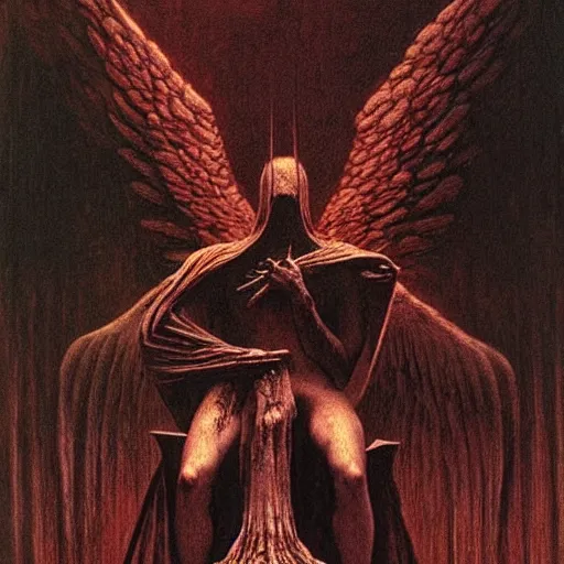 Prompt: fallen angel sitting on a throne in a dark temple, beksinski, wayne barlowe, adrian smith fantasy art, hr giger - n 9