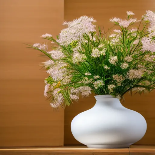 Image similar to a photo of 8k Ikebana in flower vase, ikenobo, ohararyu, sougetsu, wide angle, full body, sony a7r3, ultra detail, photorealistic, in simple background