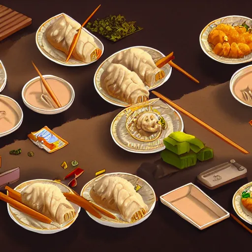 Prompt: happy zelensky eats dumplings, concept art, trending on artstation, highly detailed, intricate, sharp focus, digital art, 8 k