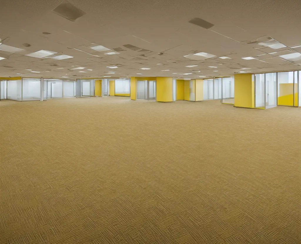 Image similar to empty 9 0 s office building with no windows doors or furniture the building has brown carpet and yellow wallpaper
