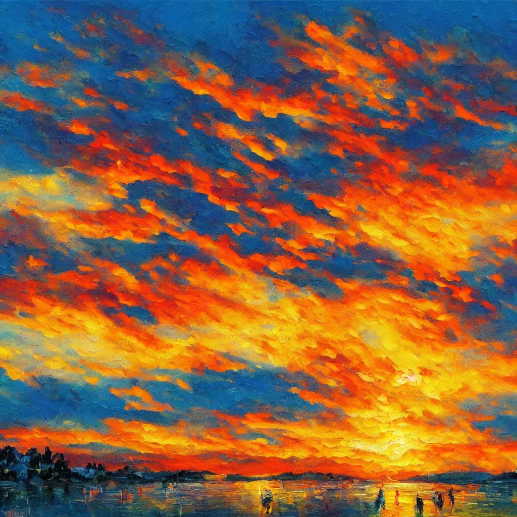 Image similar to an impasto oil painting of a stunning, colorful sunset painted by ken hong leung