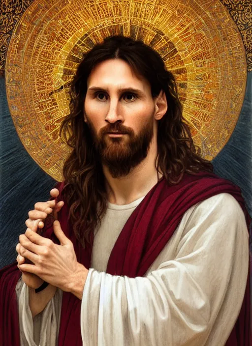 Image similar to portrait lionel messi as jesus, full length shot, shining, 8 k highly detailed, sharp focus, illustration, art by artgerm, mucha, bouguereau