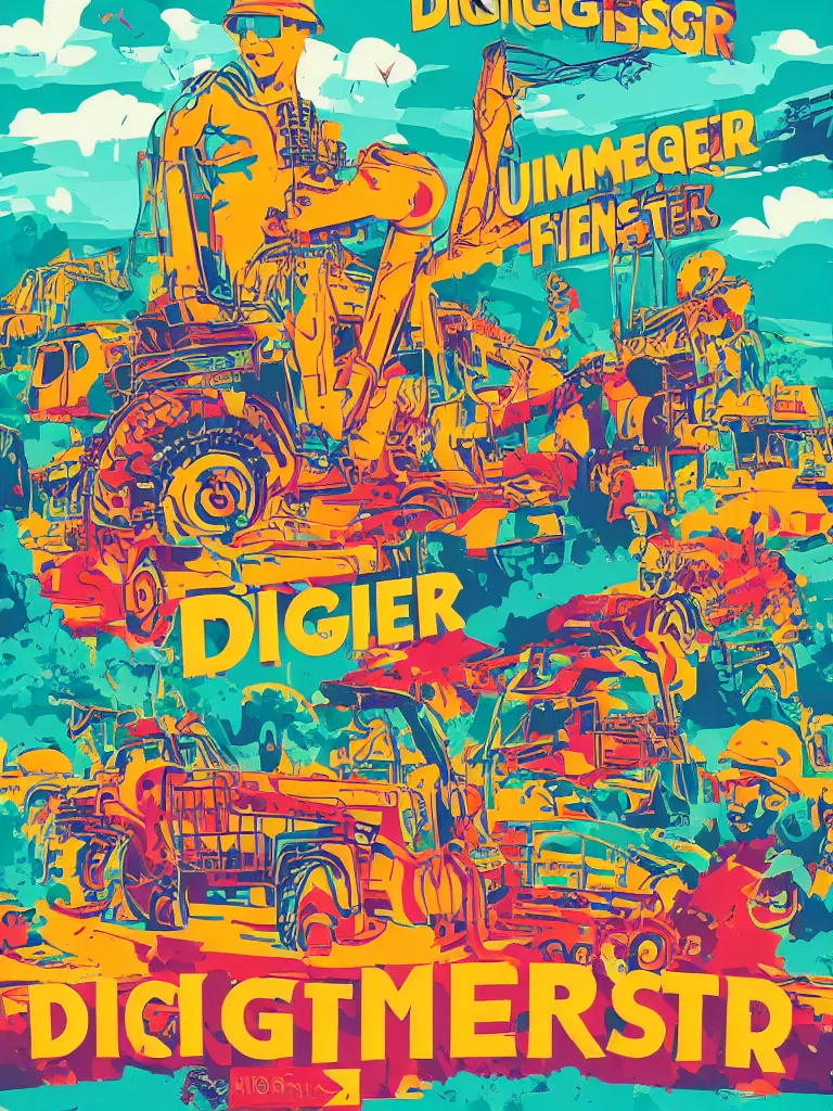 Prompt: poster for a summer festival called diggerfest in the united kingdom, digger land, really good vibes, colorful, construction, friends