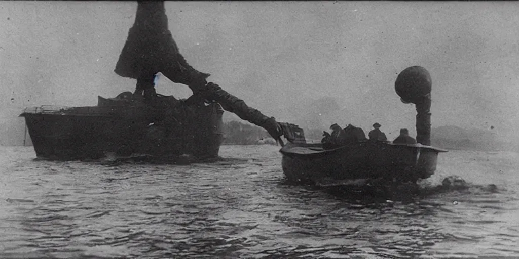 Prompt: a boat being grabbed by a giant underwater hand, 1 9 0 0 s photograph