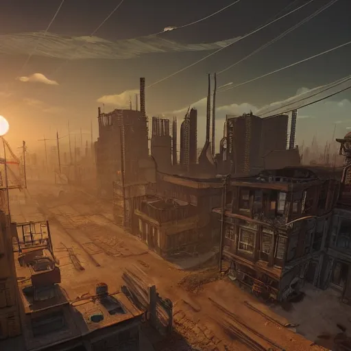 Prompt: Steampunk buildings with the sun shining through the clouds in wasteland by Simon Stålenhag and Grant Wood,In style of Retro Futurism Art.hyper detailed,8K Resolution,unreal engine 5,epic lighting,Ray Tracing,highly realistic