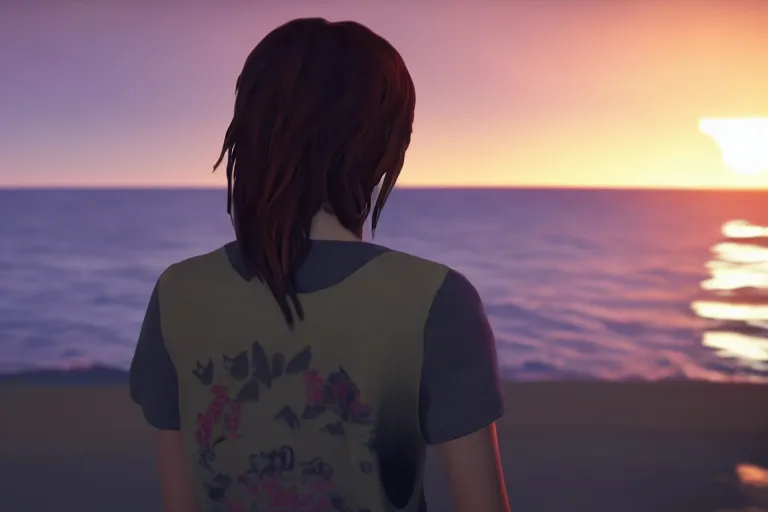 Prompt: max caulfield watching sunset on the sea, life is strange, realistic, cinematic, 8 k, highly detailed, ue 5