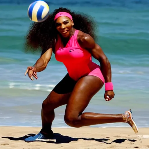 Prompt: Serena Williams playing volleyball at the beach