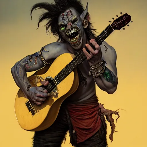 Image similar to portrait painting of a punk orc bard with a guitar, ultra realistic, concept art, intricate details, eerie, highly detailed, photorealistic, octane render, 8 k, unreal engine. art by artgerm and greg rutkowski and charlie bowater and magali villeneuve and alphonse mucha