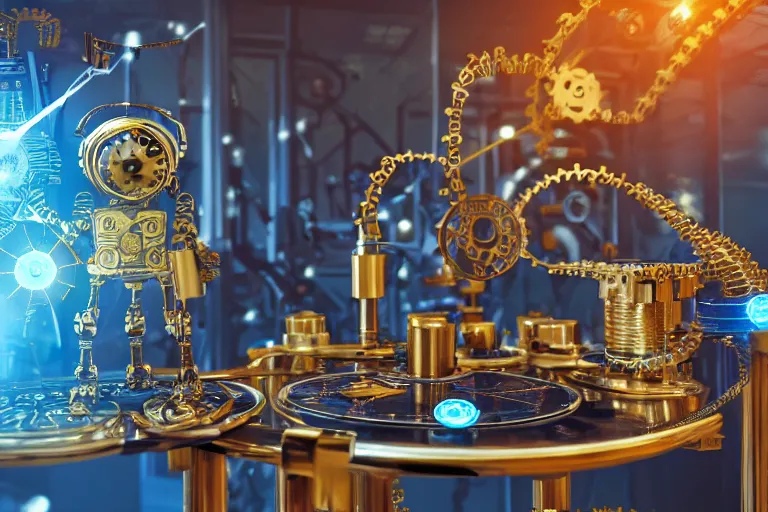 Image similar to photo of a golden and blue metal steampunk office robot with gears and tubes sitting in a modern office, on the table is a suitcase with money, eyes are glowing red lightbulbs, shiny crisp finish, 3 d render, 8 k, insaneley detailed, fluorescent colors, background is multicolored lasershow