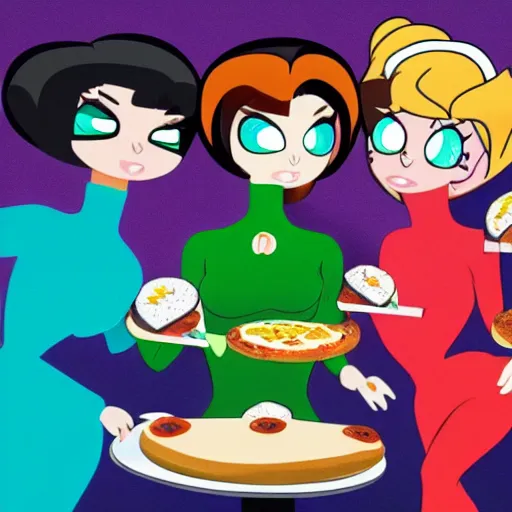 Prompt: powerpuff girls eating pizza as a realistic human, 4 k, highly detailed, art station