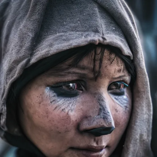 Image similar to photographic portrait of a poor techwear woman holding back tears, a futuristic shanty town burns in the background, closeup, sigma 85mm f/1.4, 4k, depth of field, high resolution, 4k, 8k, hd, full color