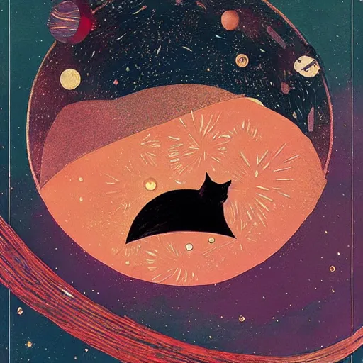 Prompt: cat floating in space , a mix media painting by Victo Ngai and Leonardo da Vinci and Natalia Goncharova