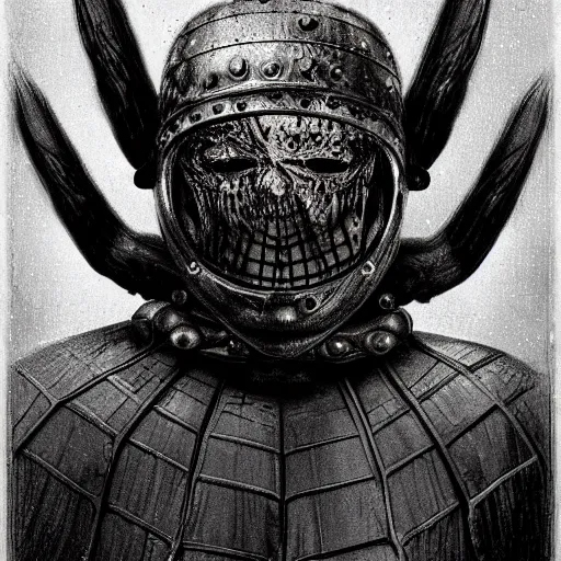 Prompt: spider wearing a viking helmet, by h r giger