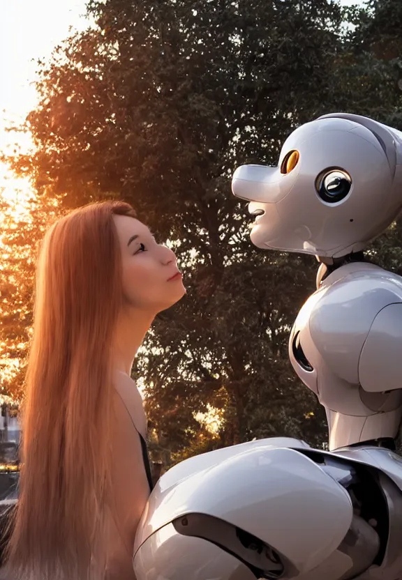 Image similar to a calming photograph of a slender, humanoid robot caresses a beautiful human woman in the face, large shot, wide shot, in a street, sunset photo