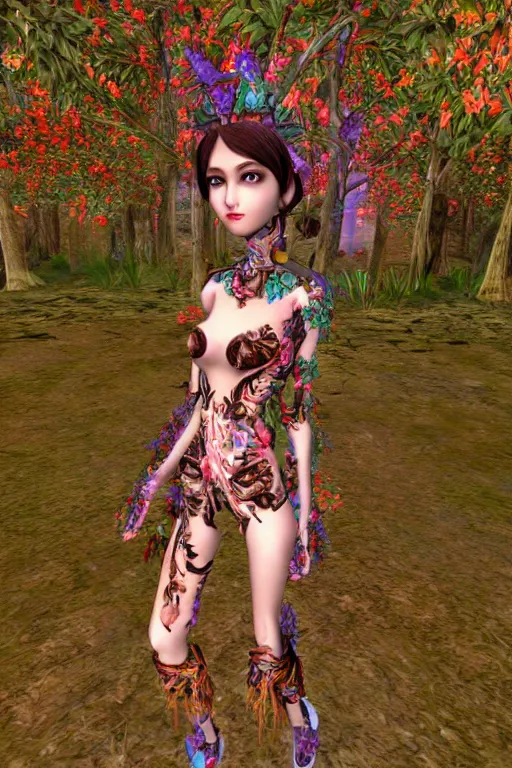 Image similar to cute female forest spirit wearing ornate floral cybernetic mughal valentino resort dress in a 3 d psx ps 2 jrpg style, esoteric scifi magical alien ruins ritual environment, fashion gameplay screenshot, highly detailed