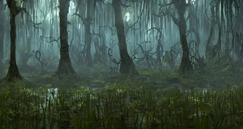 Image similar to A dense and dark enchanted forest with a swamp, from Warcraft