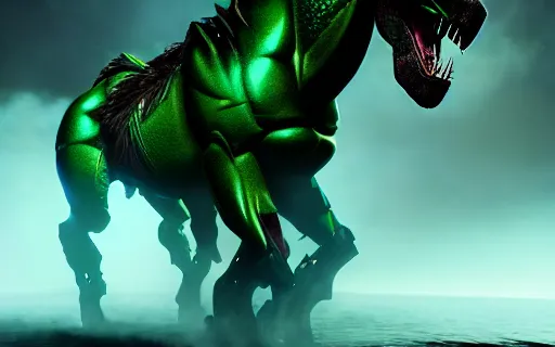 Image similar to an epic fantasy comic book style portrait painting of an giant abyssal green alien horse, menacing. unreal 5, daz, hyperrealistic, octane render, cosplay, rpg portrait, dynamic lighting