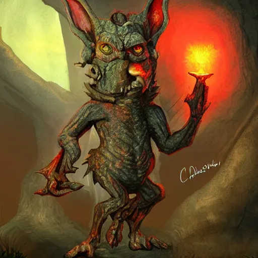 Image similar to a goblin made out of rocks, with glowing red eyes, in a cave, like magic the gathering, by christopher rush, hd, digital art