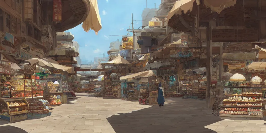 Image similar to empty arabian marketplace with no people by makoto shinkai