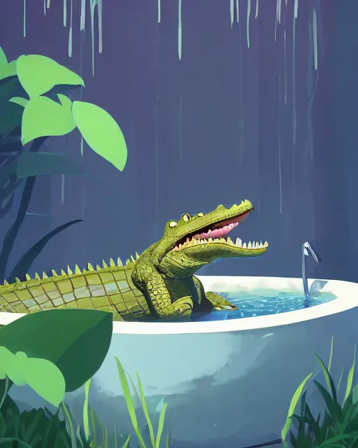 Image similar to a cute alligator brushing his teeth while taking a bath in a well with lush vegetation around, cory loftis, james gilleard, atey ghailan, makoto shinkai, goro fujita, character art, rim light, exquisite lighting, clear focus, very coherent, plain background, soft painting