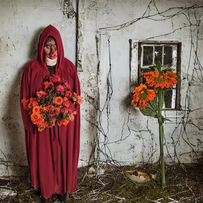 Image similar to a woman wearing a hooded cloak made of zinnias and barbed wire, in a derelict house, by Manny Librodo, natural light, detailed face, CANON Eos C300, ƒ1.8, 35mm, 8K, medium-format print