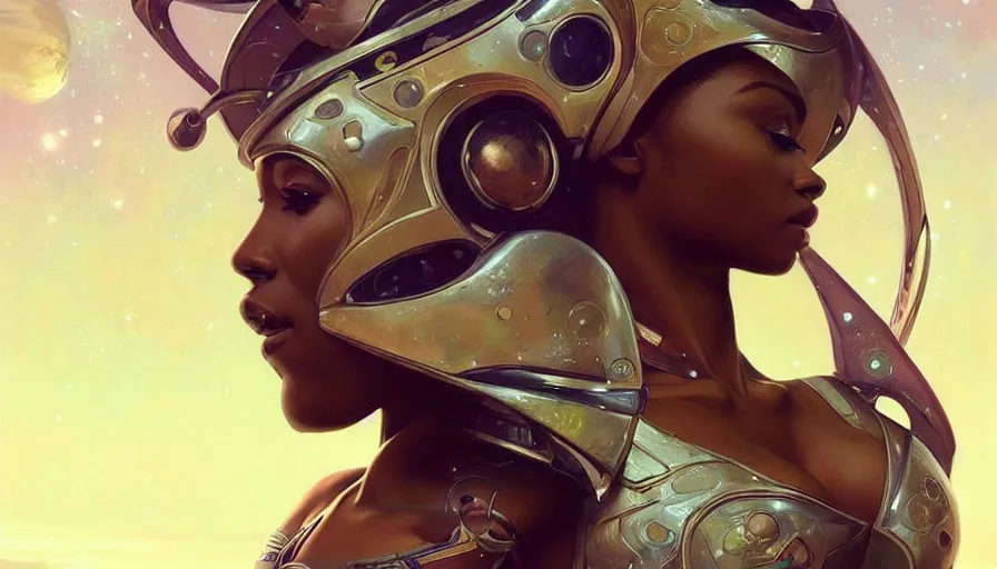 Image similar to concept art of very very very very very very beautiful african woman, futuristic spacesuit, floating in space with epic cosmos in the background, real life skin, intricate, elegant, highly detailed, artstation, concept art, smooth, sharp focus, art by artgerm and greg rutkowski and alphonse mucha
