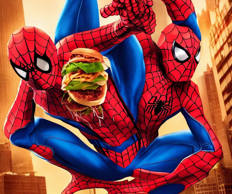Prompt: spider - man eating a hamburger by artgerm, intricate, face, symmetrical eyes, times square cityscape, elegant, beautiful, highly detailed, dramatic lighting, sharp focus, trending on artstation, artstationhd, artstationhq, unreal engine, 4 k, 8 k