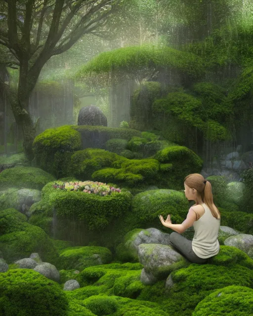 Image similar to hyper realistic render of a heavenly garden of peace, filled with trees, stone slab, flowers, moss, ferns, a girl meditating at a distance, trending on artstation, volumetric lighting, hyper realistic, hyper detailed, high quality render, blender guru