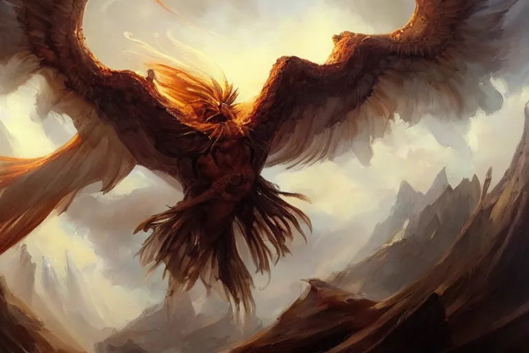 Image similar to A beautiful oil painting of a phoenix, by Lucas Graciano, Frank Frazetta, Greg Rutkowski, Boris Vallejo, epic fantasy character art, high fantasy, Exquisite detail, post-processing, low angle, masterpiece, cinematic