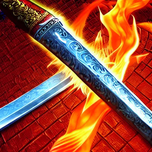 Image similar to magical sword with flames running up and down the blade, digital art, high quality, intricate design, 3d render, art station top 10,