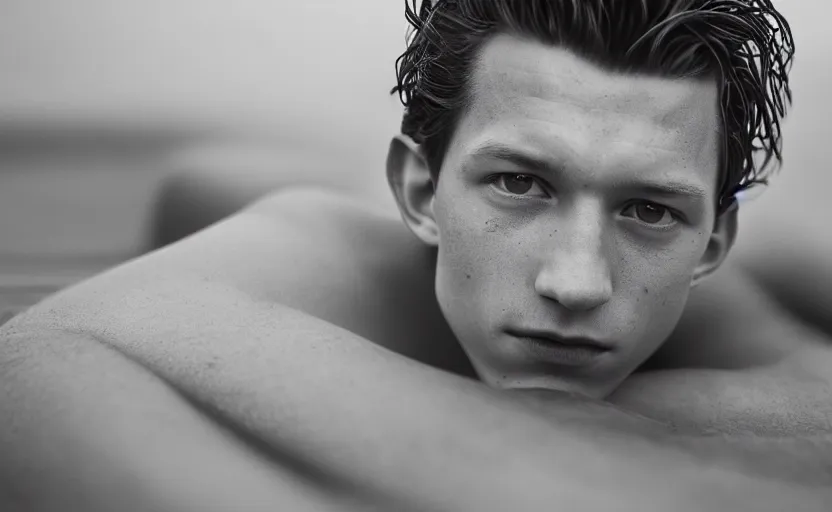 Image similar to photographic portrait by Annie Leibovitz of Tom Holland in a hot tub, closeup, foggy, sepia, moody, dream-like, sigma 85mm f/1.4, 15mm, 35mm, 4k, high resolution, 4k, 8k, hd, full color