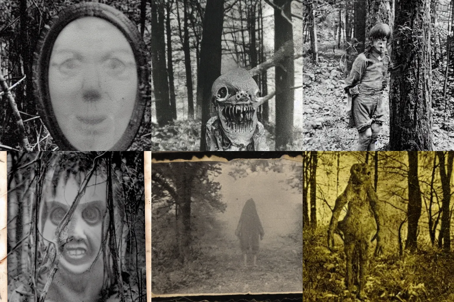Prompt: a worn old photograph of a horrific creature in the woods, found footage, creepy