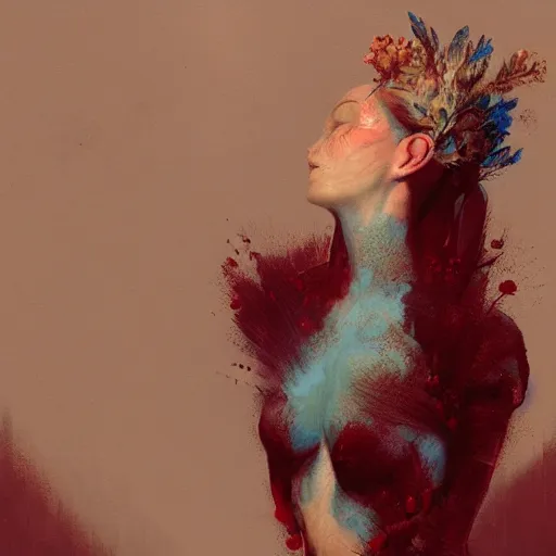 Image similar to a beautiful woman bathed in blue light and standing in a burgundy room looking vacant by arcimboldo, david lynch, greg rutkowski, trending on artstation