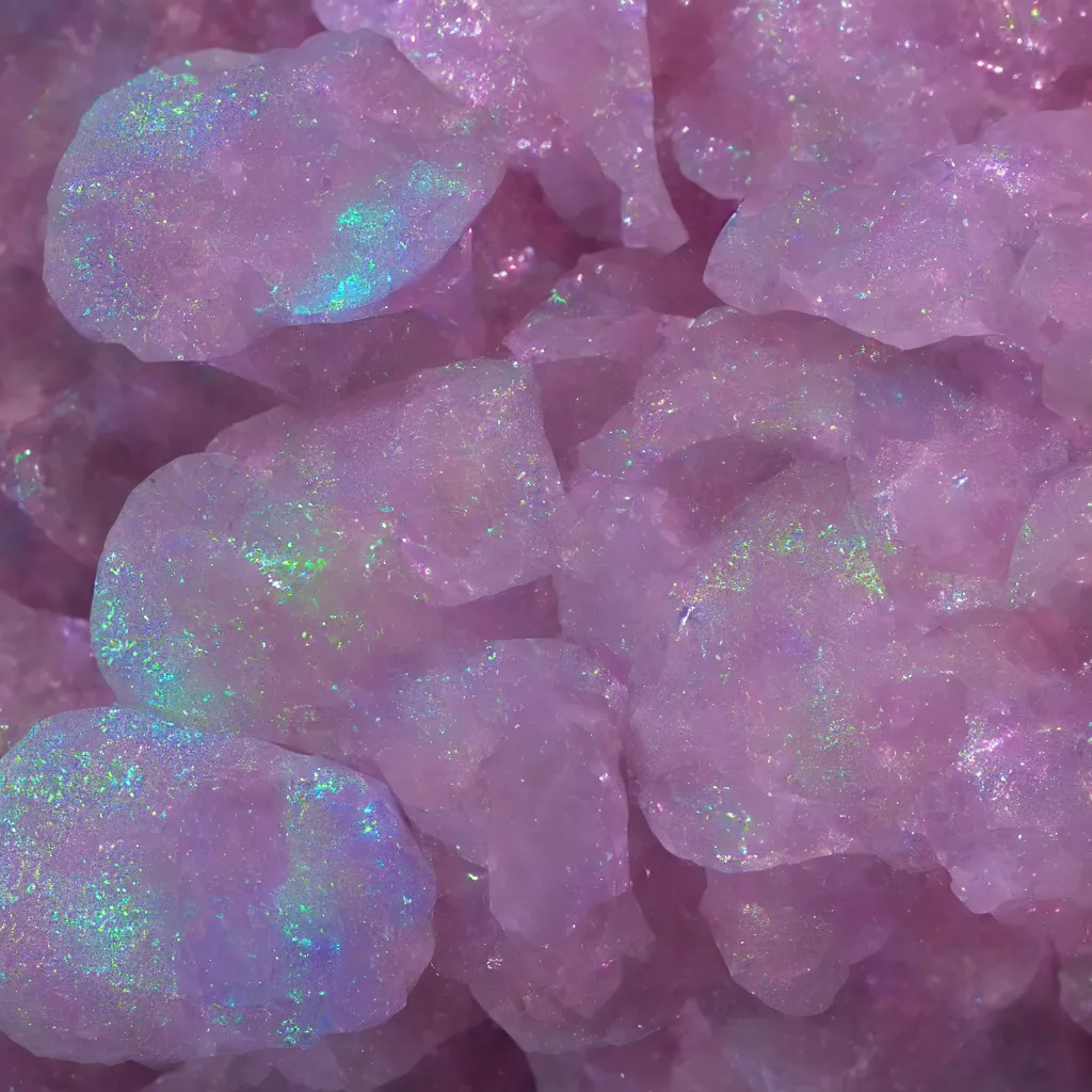 Prompt: high quality 4 k texture of glossy iridescent rose quartz, sparkly, 3 d octane render, blender design assets, 3 d, photo - realistic, high poly, 3 0 0 dpi, 8 k render, ue marketplace, unreal engine 5, volumetric lighting, realistic shadows,