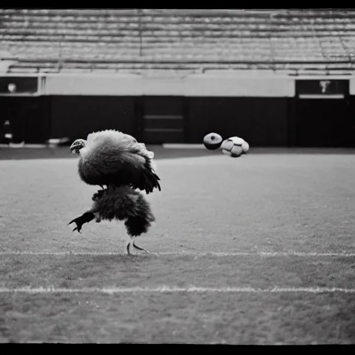 Image similar to the famous funky chicken runs across a football field, interrupting the big game, 3 5 mm