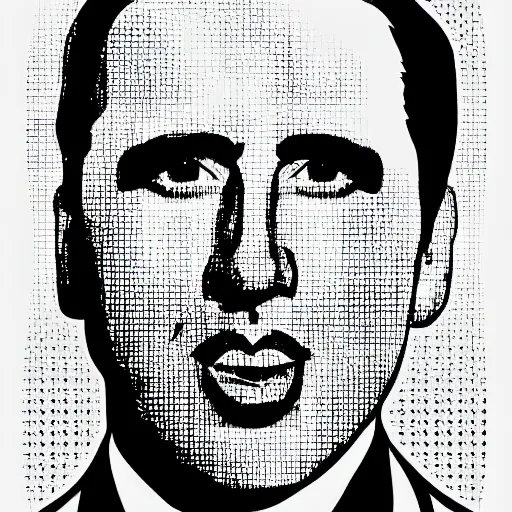 Prompt: a simplified black and white vector based illustration of Nicholas Cage, created in Adobe illustrator, black ink shading on white background, smooth vector curves, vinyl cut ready