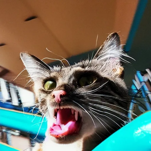 Image similar to selfie of an excited cat riding a roller - coaster