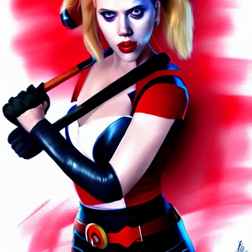 Image similar to Scarlett Johansson as Harley Quinn, holding bat, digital, artstation