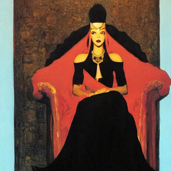 Image similar to an oil painting of a queen in a black funeral dress sitting on a throne, by bruce pennington, by ( eyvind earle ), nicholas roerich, by frank frazetta, by georgia o keeffe, by dean cornwell