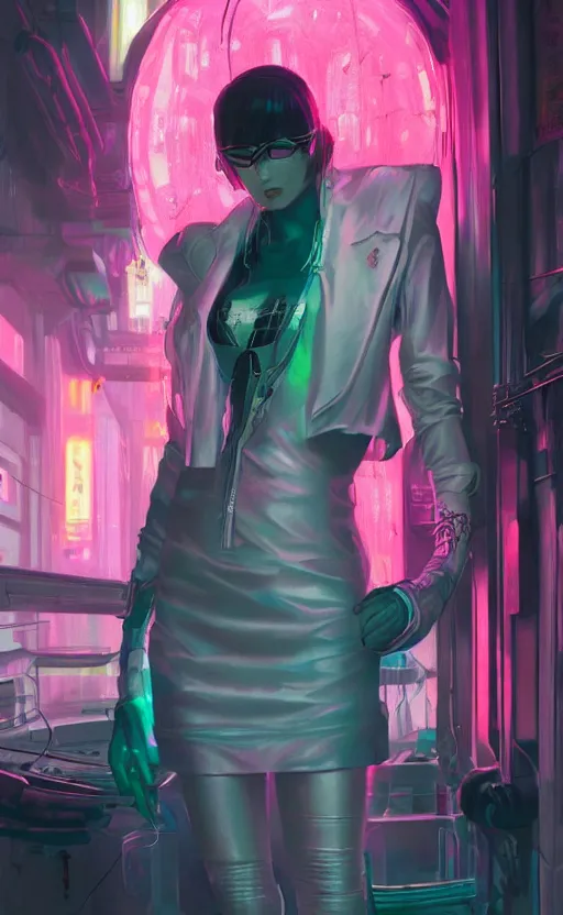 Image similar to beautiful cyberpunk android courtesan, in a neon speakeasy, pink bob cut hairstyle, full body, transparent jacket, short skirt, ultra facial detail, Tooth Wu Artgerm Greg Rutkowski artstation deviantart, 8k, fanart, extreme aesthetic