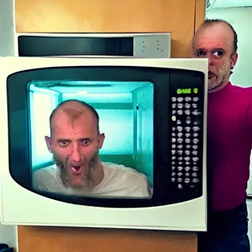 Prompt: crazy man inside a microwave, selfie, uncomfortable